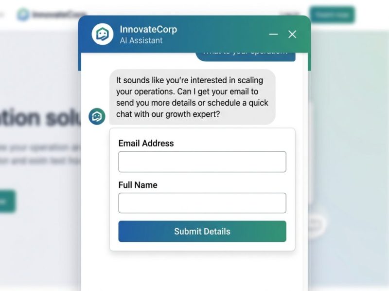 AI chat agent interface on a website, proactively engaging visitors to capture and qualify leads.