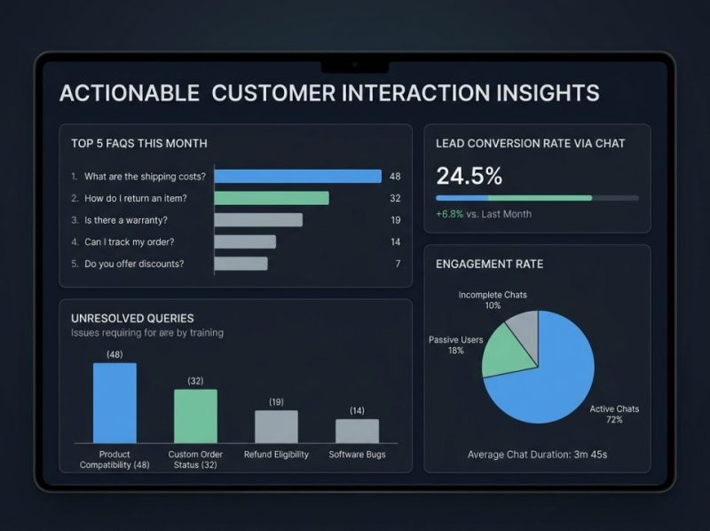 Clean analytics dashboard with charts and graphs visualizing key customer interaction insights and trends from an AI chat agent.